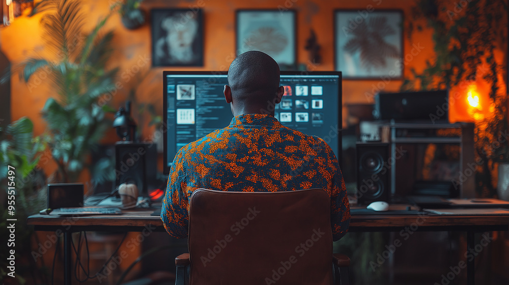 Poster Software developer working from home office using computer at desk