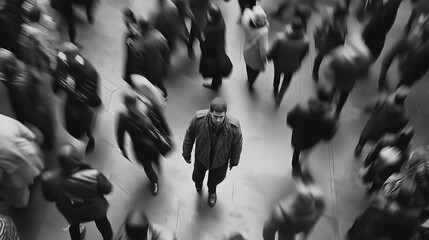 Young man standing still while people are walking by in blur - concept of individuality