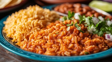 A plate of Mexican-style rice, flavored with tomatoes and spices, served with a side of refried beans