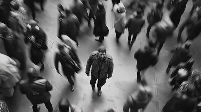 Young man standing still while people are walking by in blur - concept of individuality