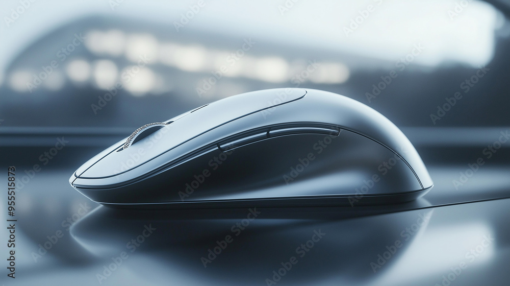 Poster modern wireless computer mouse resting on reflective desk surface
