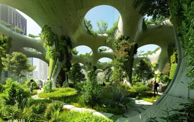 Urban green space revitalized with prehistoric flora creating a harmonious blend of nature and modern architecture