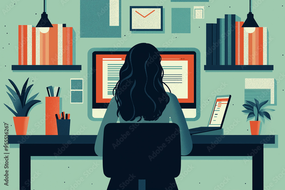 Poster woman working from home office using multiple screens