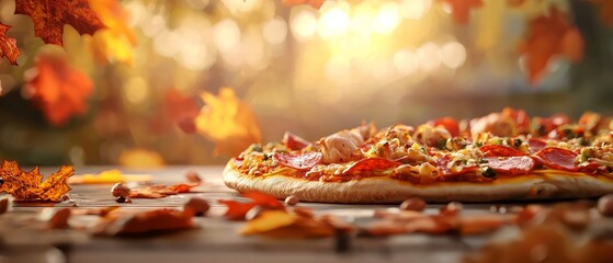 Pizza slice filled with Thanksgiving turkey, festive combination, 3D illustration