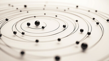 Black spheres rotating on concentric circles on white background