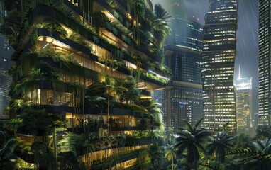 Obraz premium Vertical gardens of ancient plants in a modern cityscape showcasing urban sustainability and green architecture at night