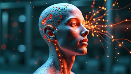 Human Head with Glowing Circuits in Dark Futuristic Setting