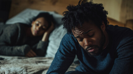 Obraz premium Young man feeling sad while woman is lying in bed in the background