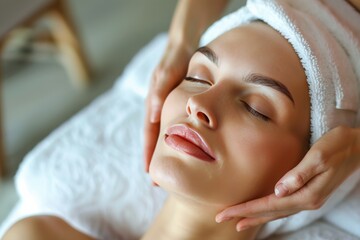 Calm spa tranquility: woman experiencing blissful facial massage for total relaxation