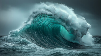 Giant turquoise ocean wave breaking under stormy sky