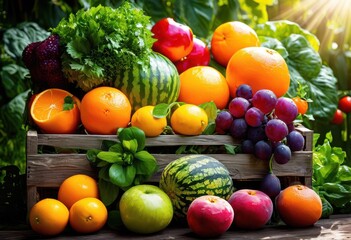 colorful array fresh fruits vegetables displayed nutritious setting lush greenery bright lighting, vibrant, organic, healthy, garden, market, assortment