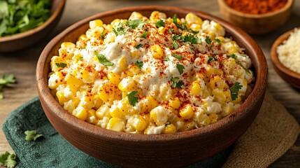 A serving of esquites, Mexican street corn salad, made with corn kernels, mayo, cheese, and chili powder