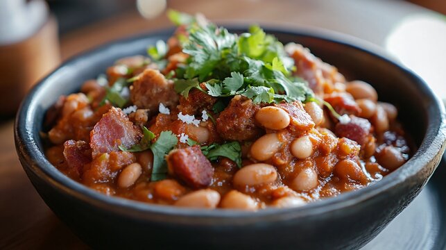 A serving of frijoles charros, Mexican cowboy beans with bacon and sausage, garnished with fresh cilantro