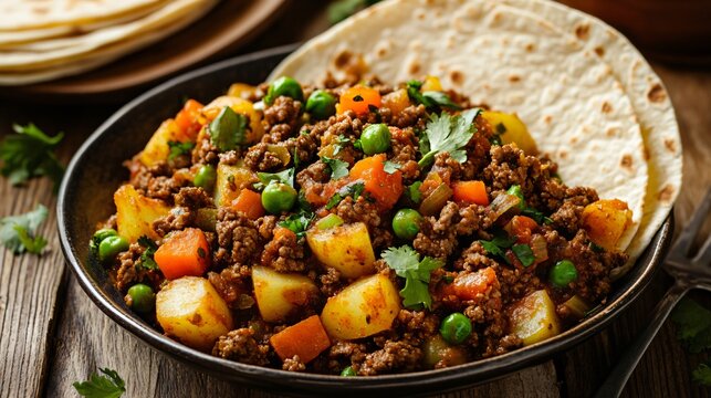 A serving of Mexican picadillo, ground beef with potatoes, carrots, and peas, served with warm tortillas