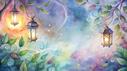 Enchanting night background painting with hanging lanterns and vibrant foliage