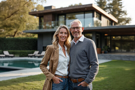 A joyful couple stands proudly in front of their luxurious mansion, enjoying the beautiful weather. The elegant home features a stunning pool and modern design elements.