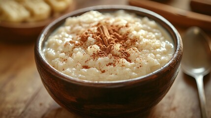 A traditional Mexican dessert, arroz con leche, rice pudding flavored with cinnamon, served in a rustic bowl