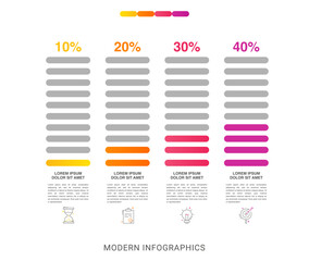 Colorful gradient bars template list. Vector modern infographic illustration with icons and percentages for banner, presentations, app, content, timelines.