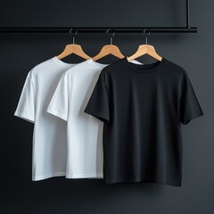 Black and white t-shirts on wooden hangers against a dark background