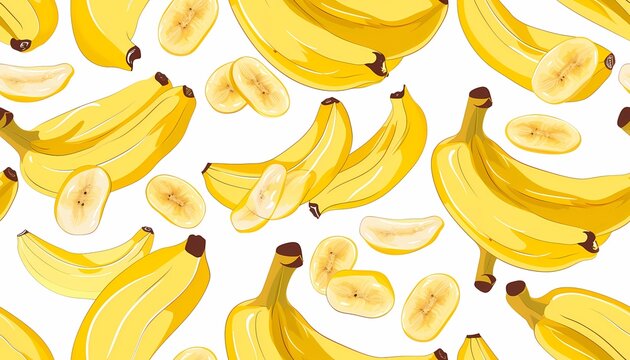 Seamless Pattern of Fresh Bananas and Slices on a White Background