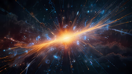 An abstract digital illustration representing positive and negative ions in a cosmic field, with vibrant electric arcs and glowing particles, creating a sense of energy flow and balance