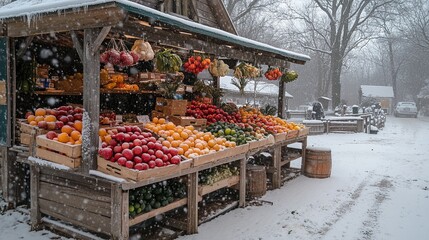 A charming roadside fruit stand covered in snow, showcasing vibrant produce amidst a serene winter landscape.