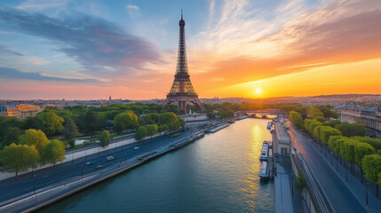 Fototapeta premium The eiffel tower and the seine river at sunrise in paris, france