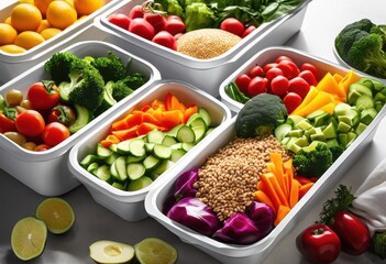 colorful meal prep containers overflowing nutritious foods including fresh proteins healthy eating, storage, meals, vegetables, fruits, grains, planning, lunch