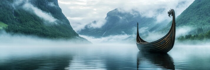 A Viking longship adorned with a dragon prow traverses the tranquil waters of a misty fjord, enveloped by majestic mountains and early morning fog