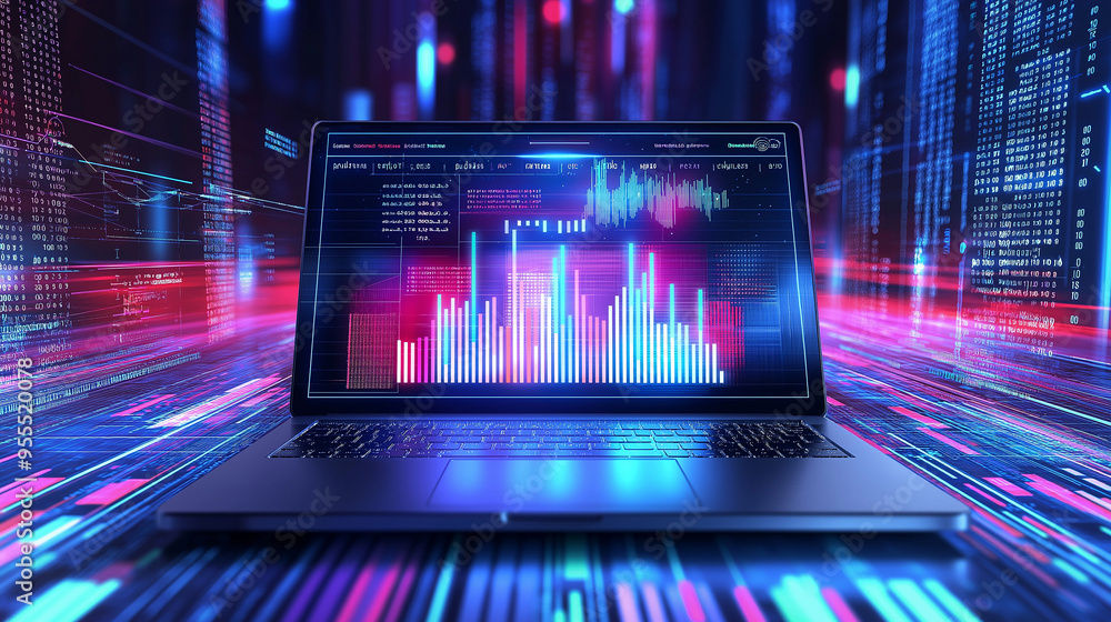 Poster Laptop showing analytics with futuristic neon visualization in data center
