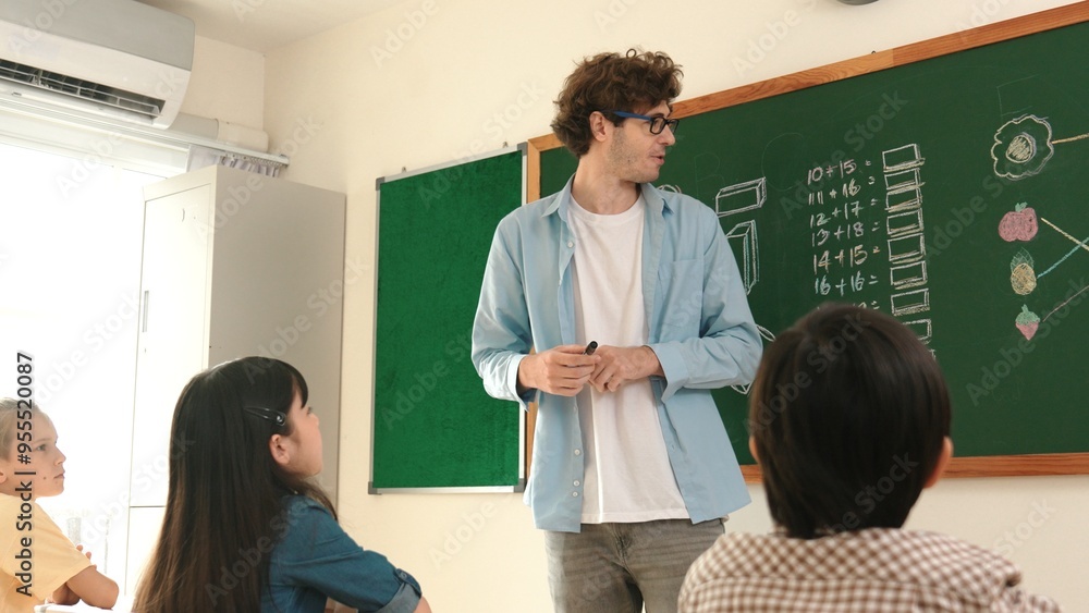 Poster professional mentor looking around classroom while standing in front of blackboard with math formula