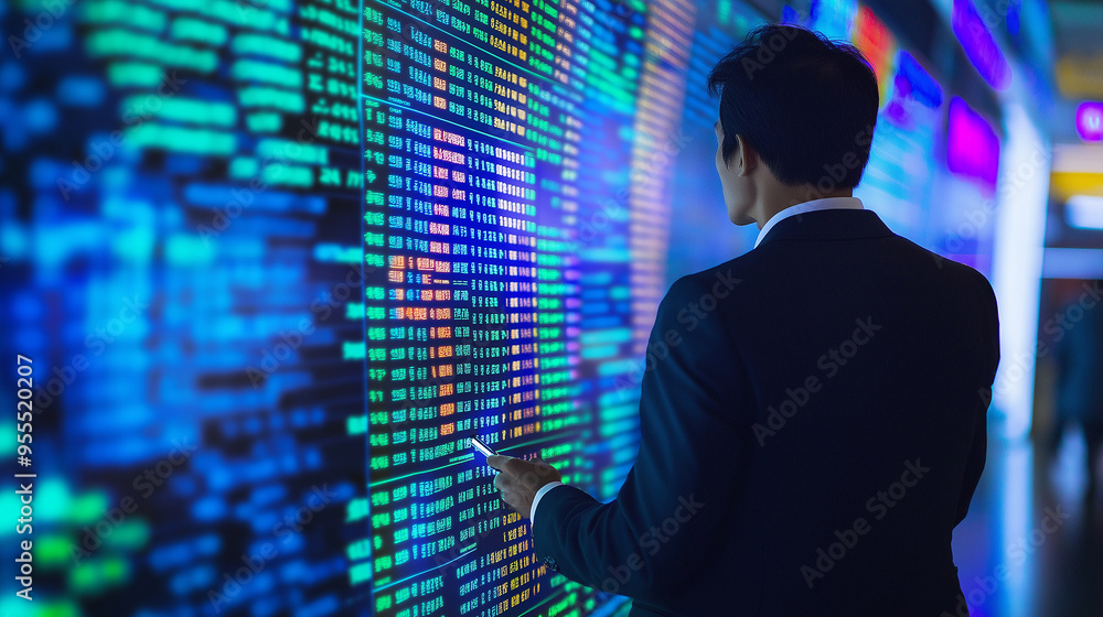 Poster businessman analyzing financial data on digital screen in control room