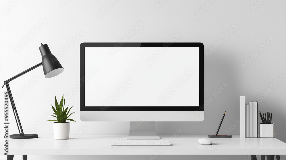 Aufkleber Modern desk with computer showing blank screen for mockup design