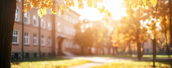 Beautiful college campus on a sunny autumn day, defocused background