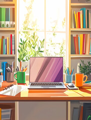 Bright and Organized Workspace with Laptop, Books, and Plants in Natural Sunlight, Vibrant Home Office Setup, Neat Desk Arrangement for Productivity and Creativity, Modern Office Supplies and Minimali