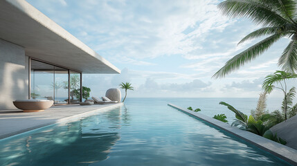 Fototapeta premium Infinity pool overlooking tropical ocean at a modern luxury villa