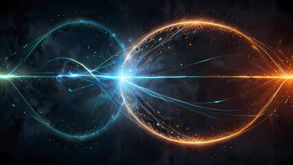 Fototapeta premium An ethereal abstract background illustrating the concept of ionization, with glowing negative and positive ions swirling in a misty atmosphere, connected by subtle lines of force