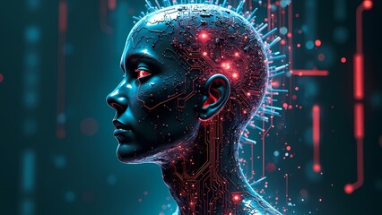 Obraz premium Cyberpunk Human Face with Neon Circuits in Futuristic Dark Setting