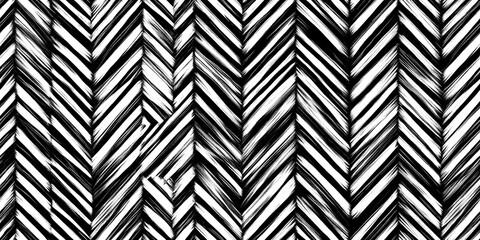 Seamless boho chic abstract hand drawn striped herringbone pattern. Monochrome bold black and white chevron paint strokes motif background texture in a trendy painterly scribble doodle line art style.
