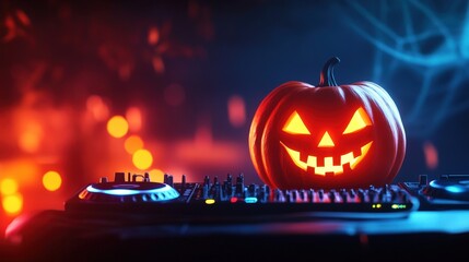 A spooky pumpkin with a jack-o'-lantern face sits on a DJ table, illuminated by colorful Halloween lights and fog.