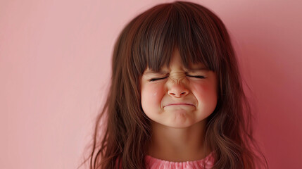 Naklejka premium Little girl with long brown hair making a funny face on pink background
