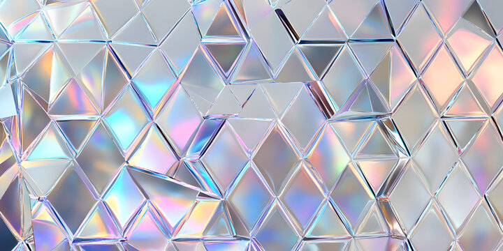 Seamless holographic iridescent silver diamond birthday background texture. Trendy reflective cyberpunk metallic mirror foil pattern with rainbow prism light effect. Retro 80s vaporwave 3D rendering.