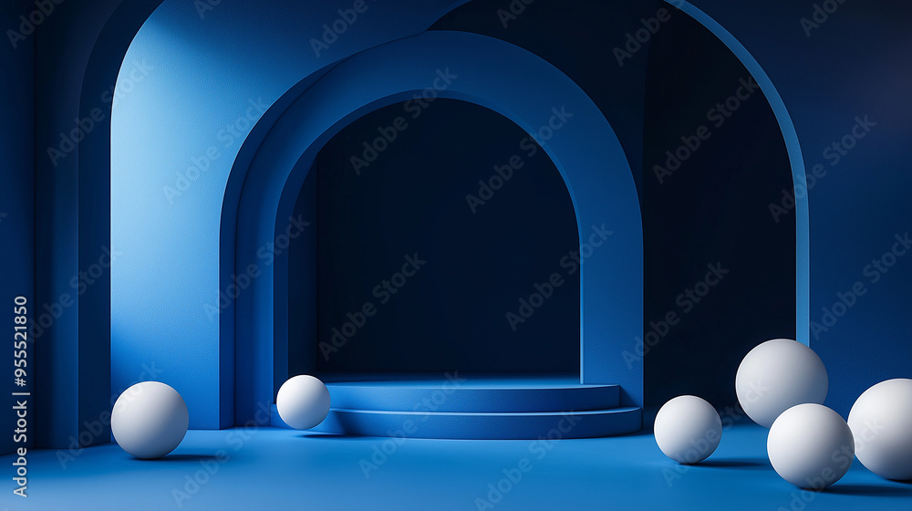 Poster blue minimalist podium displaying product with spheres and archways