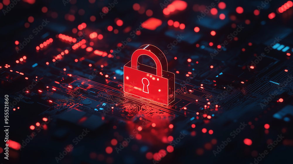 Aufkleber glowing red padlock on circuit board symbolizing cybersecurity