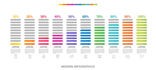 Colorful gradient bars template list. Vector modern infographic illustration with icons and percentages for banner, presentations, app, content, timelines.