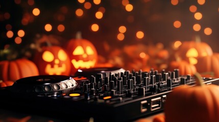 An atmospheric scene featuring a DJ mixer surrounded by glowing jack-o'-lanterns, perfect for Halloween music events.