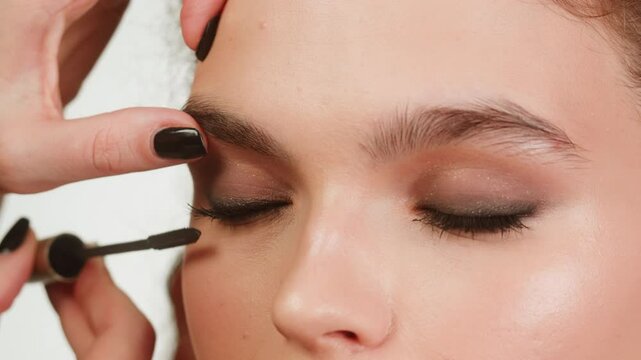 Closeup shot, style artist applies black mascara on the eyelashes of the female eye. Woman making make up using mascara. Professional makeup. Making mua. Smoky eyes makeup