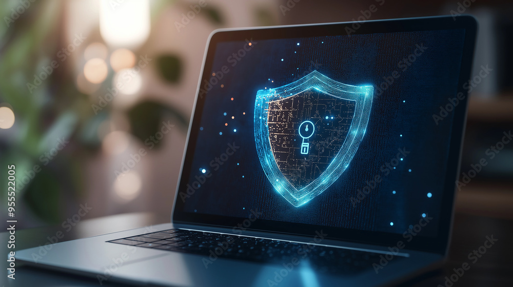 Aufkleber laptop showing padlock symbol on screen symbolizing cybersecurity
