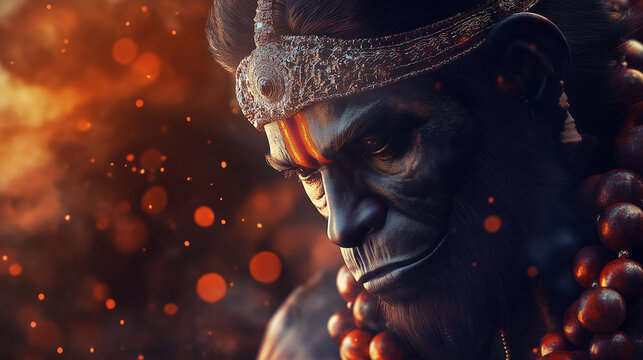 Powerful hindu god hanuman looking down with fiery background