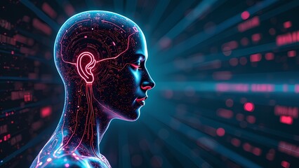 Obraz premium Human Face Merging with Digital Interface, Neon Circuits, Tech Patterns